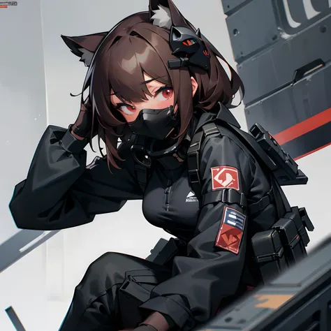 1 girl, catgirl, SAS operative, gasmask, military, operator, agent, SAS, secret air service, masterpiece, 8k, artstation, ultra high quality, ultra high detail, ultra high resolution, glowing red eyes, brown hair, black face mask, black half face mask