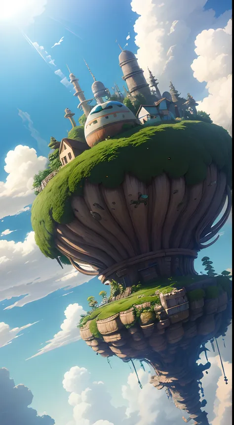 (((Laputa))), floating in ((air)), Hayao Miyazaki style, Studio Ghibli, Unreal Engine 5, ((clouds)), ((sunlight)), ultra-detailed, most Good picture quality.