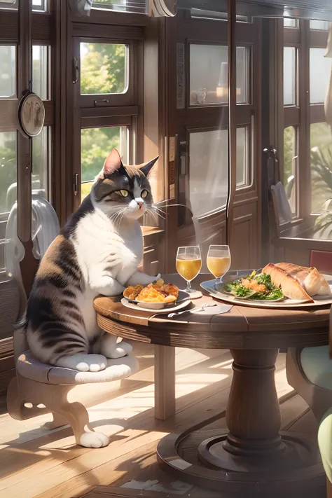 Western-style restaurant, A round-eyed cat sits at the dining table, There is a braised fish on the table, Sunlight outside the window.