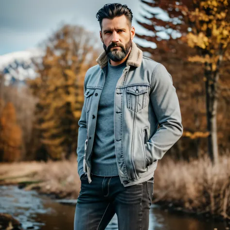 33 years old male model, handsome, ramones jacket, gray sweater, short brown hair, medium lenght beard, black jean pants, black boots, serious face, autumn landscape, sunny day, high detail face, high detail clothes, ultrarealistic, high detail fitness bod...