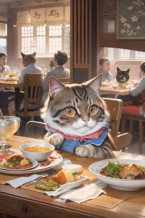 Western-style restaurant, A round-eyed cat sits at the dining table, There is a braised fish on the table.