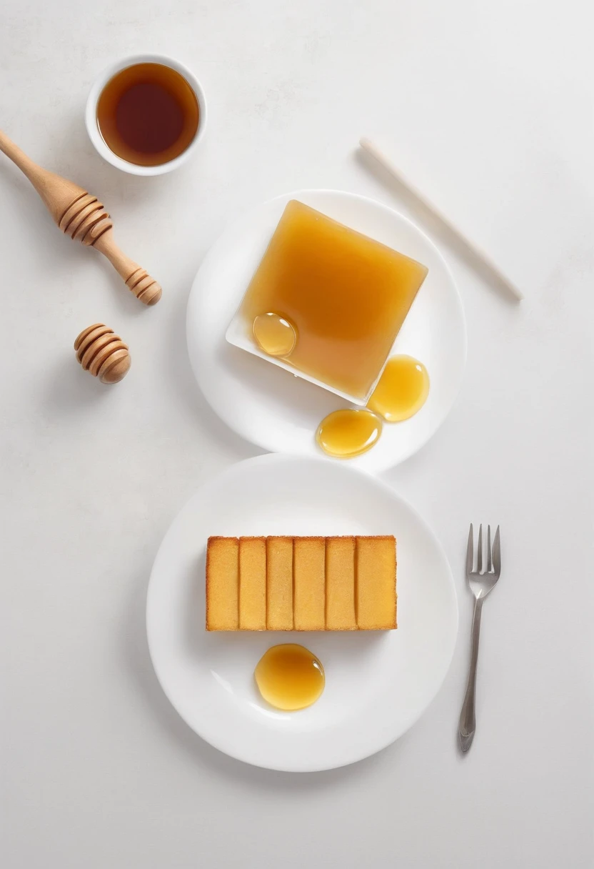 (realistic) (masterpiece) (hd) (best quality) plate of delicious soft honey castella , clean white minimalistic background