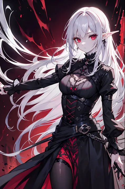 goth style，femele，magia，One-handed sword at the waist，Sword Master，whaite hair，Blood-red eyes，Stand in a creepy Gothic castle，Elven traits，Elegant and beautiful，shudder，the detail，Clear hands