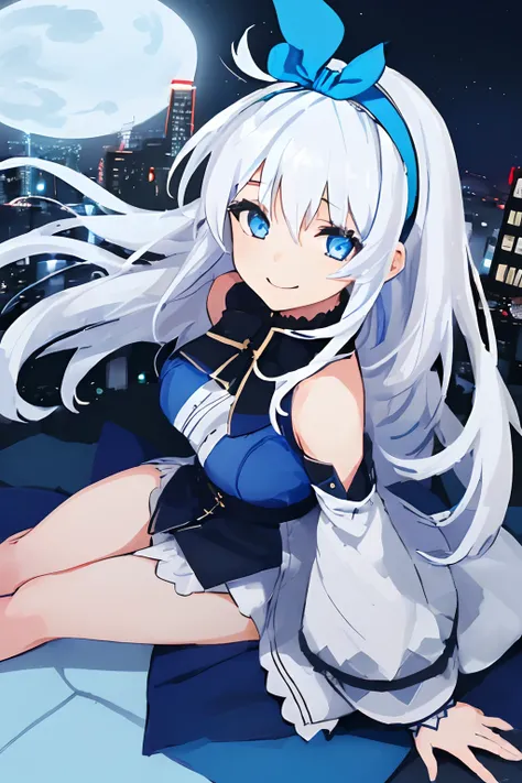 ((((1 girl)))), ((((solo)))), fullbody, ((((white hair)))), long hair, ((((blue hairband)))), ((((blue eyes)))), happy, smile, 18 year old, dynamic angle, Cold-Shoulder Sleeves, knit,  Hip Length, night,  park, in the tokyo