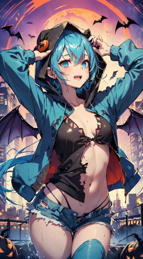 top-quality、Top image quality、​masterpiece、teens girl((sixteen years old,Succubus、Black tattered tank top,Tattered blue long pants、Tattered orange short-sleeved hoodie、Wearing a hood,Best Bust、Bust 85、Light blue shiny hair、Longhaire,Blue-green eyes、open ch...