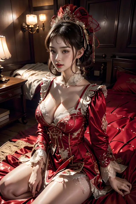 hyper HD,Delicate facial features,8K,ultra intricately detailed,Clothing details, Girl in red bridal costume,Lolita costume,loli face,Lolita ,Lace wedding dress,Lace,The whole body is facing me,squatt,Squatting on the Bed,Chest exposed,Bare chest,Open your...