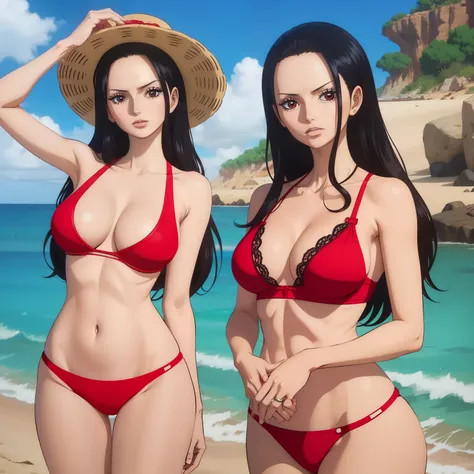 best quality, masterpiece, detailed u, from one piece, One Piece Style, Location Art, key art, best quality, on the beach, black haired girl, a black haired woman, (perfect anatomy), visible boobs, , perfect hands,  Nico Robin from One Piece Anime , ((wear...