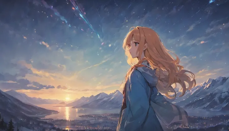 Girl with long hair，mountain ranges，lake water，Winters，starrysky，sad