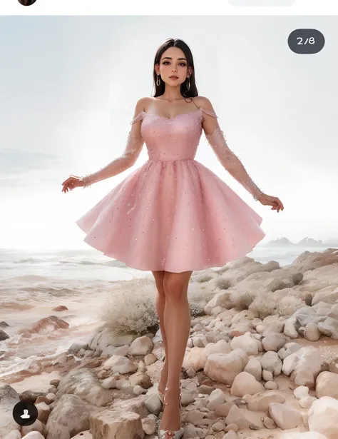 A woman in a pink dress standing on rocks near the ocean, vestido rosa, vestido com um vestido rosa, usando um vestido rosa, vestido de luxo, usando um vestido elegante, usando um vestido de coquetel, vestido aberto, magic robe, vestido cintilante de diama...