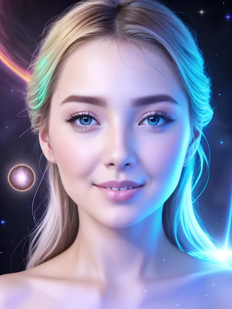 1fille, futurisme, hyperrealism, verism,(masterpiece portrait beautiful girl galaxy goddess)、glowy skin、cheveux brillants flotta...