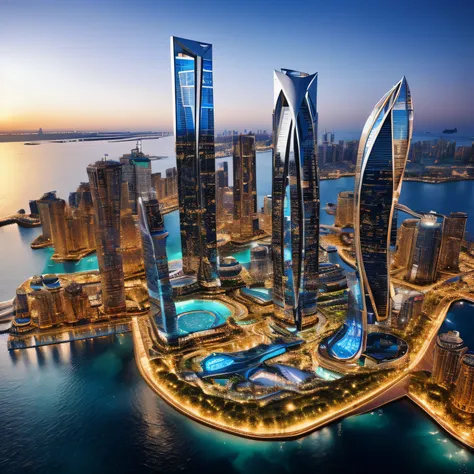 Arab water city, futuristic, ultra-luxurious, super-luxurious, skyscrapers, island with 1km radius, (Masterpiece), (Best Quality), (Ultra high Detailed), intricate details, intricate detail texture,