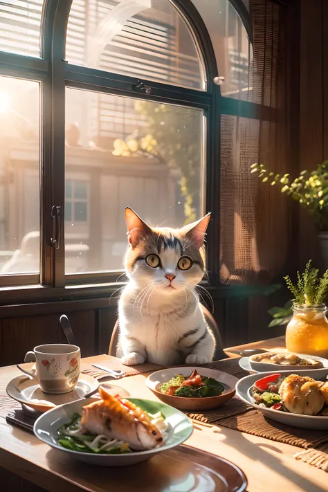 Western-style restaurant, A round-eyed cat sits at the dining table, There is a braised fish on the table.Sunlight outside the window