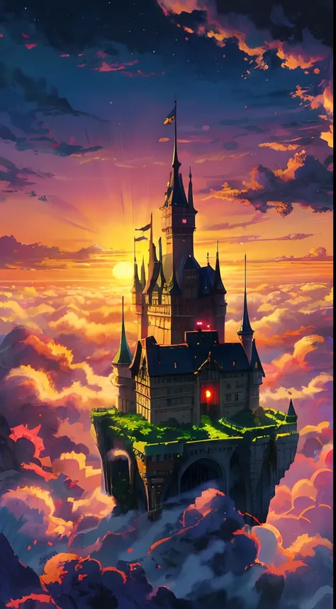 Anime castle floating in the sky，The background is sunset, flying cloud castle, palace floating in the sky, an immense floating castle, Castle in the sky, castle in the sky style, flying castle, palace floating in heaven, Cloud Palace, abandoned castle in ...