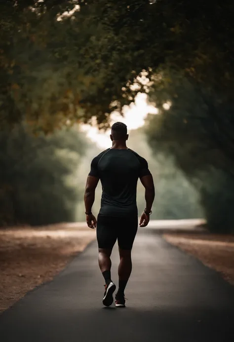 Only the background can be seen，A half body，Athlete body type，Walking on the road background，Black tones，Film light and shadow，k hd