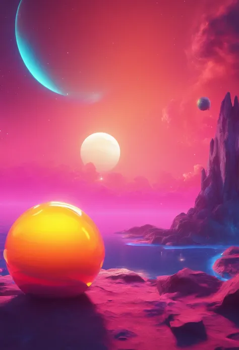 dock in space watching over a cliff in space , in the distance a bright ,big and colorful donut shaped planet, candy asteroid shower lighting up a sky  illuminated by a vivid, surreal sky of neon hues. Dock in space watching over a cliff in space , in the ...