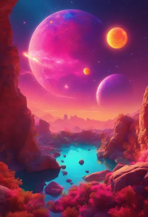 dock in space watching over a cliff in space , in the distance a bright ,big and colorful donut shaped planet, candy asteroid shower lighting up a sky  illuminated by a vivid, surreal sky of neon hues. Dock in space watching over a cliff in space , in the ...