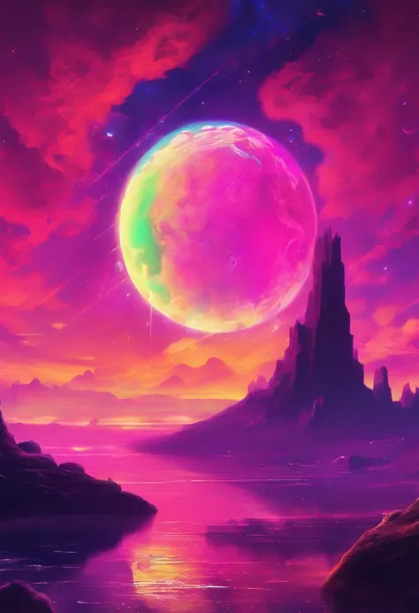 dock in space watching over a cliff in space , in the distance a bright ,big and colorful donut shaped planet, candy asteroid shower lighting up a sky  illuminated by a vivid, surreal sky of neon hues. Dock in space watching over a cliff in space , in the ...