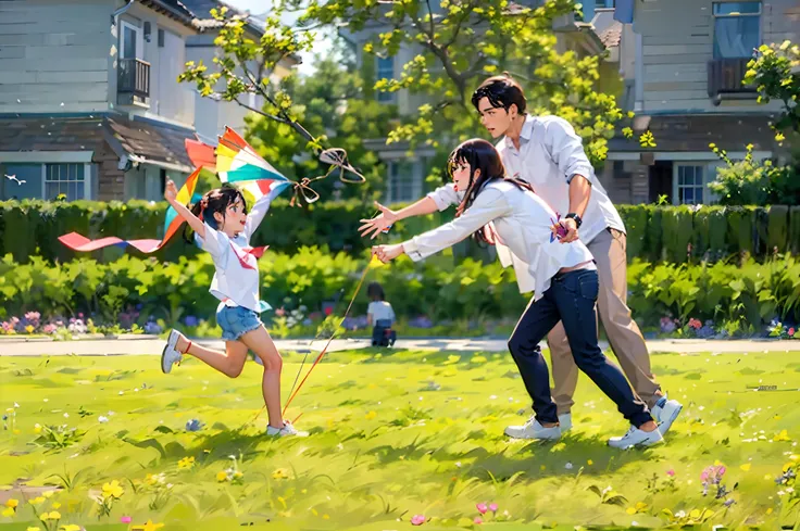 ((Best quality，Masterpiece))，The daughter runs with a kite，Mom and Dad opened their hands