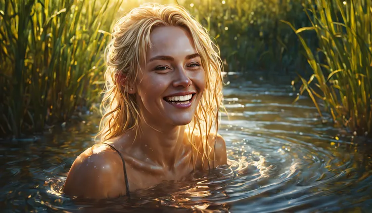 Lose portrait of a pretty woman bathing in a river, reeds, (backlit), realistic, masterpiece, highest quality, lens flare, shadow, bloom, with blonde hair sticking out, she laughs, her hair smiling, her skin and hair wet with river water, art station, deta...