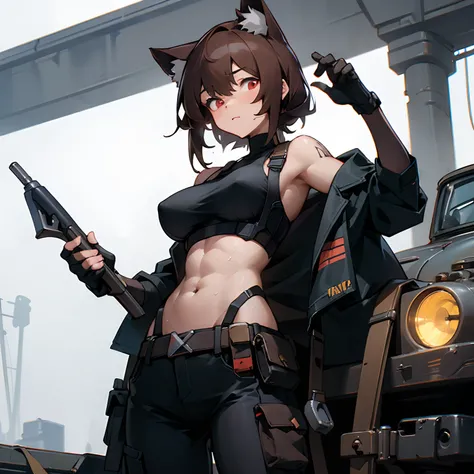 1 girl, military, operator, tactical, operative, masterpiece, 8k, artstation, ultra high quality, ultra high detail, ultra high resolution, glowing red eyes, brown hair, (mechanic), mechanics clothing, tool belt, engineer, cyberpunk, cat ears, cargo pants,...