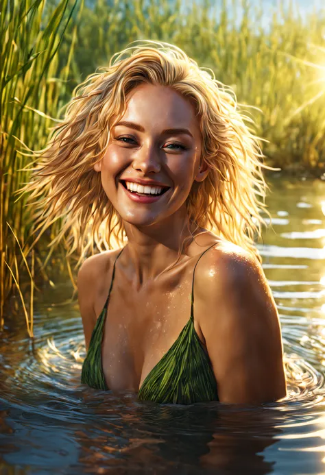 Lose portrait of a pretty woman bathing in a river, reeds, (backlit), realistic, masterpiece, highest quality, lens flare, shadow, bloom, with blonde hair sticking out, she laughs, her hair smiling, her skin and hair wet with river water, art station, deta...