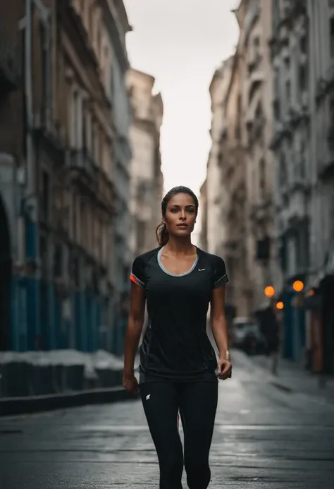 Only the background can be seen，A half body，femele，Athlete body type，Short-sleeved trackwear，Walking on the road background，Black tones，Film light and shadow，k hd