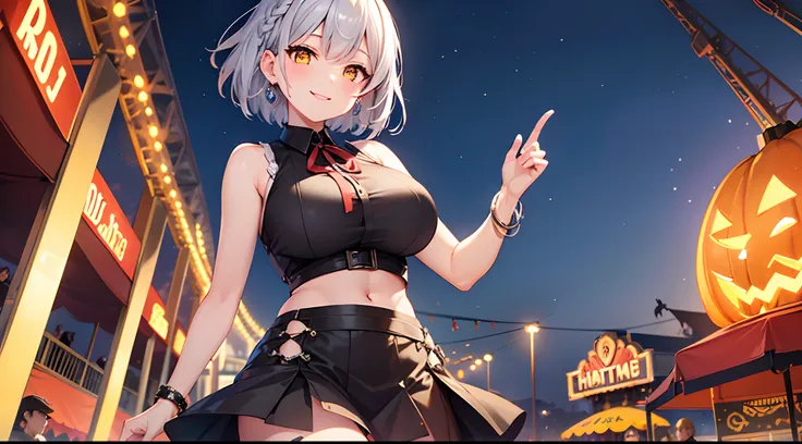 1 girl, game CG, brown sleeveless shirt, short slit skirt, neck ribbon, bangles, gigantic breasts, silver hair, short hair, french braid, yellow eyes, night, amusement park, Halloween background, smile,