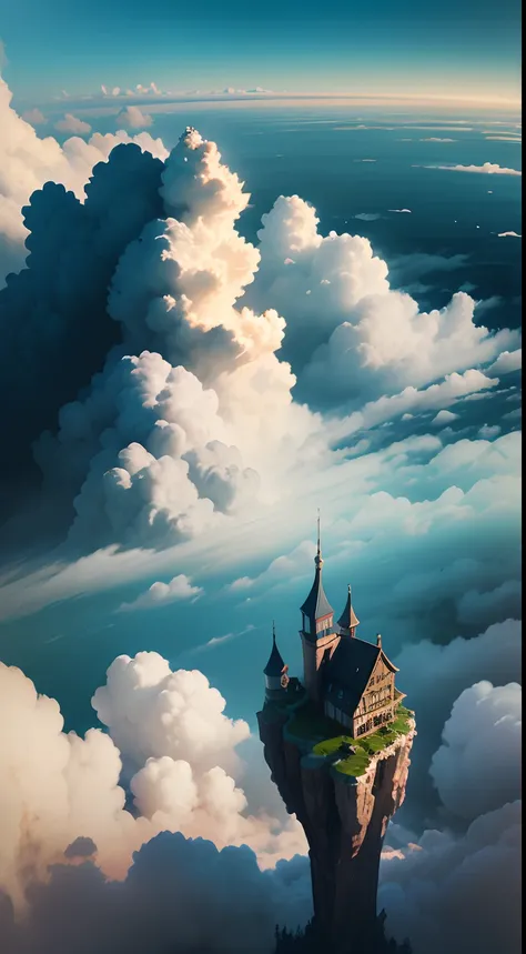 A moving castle flying over a sea of clouds