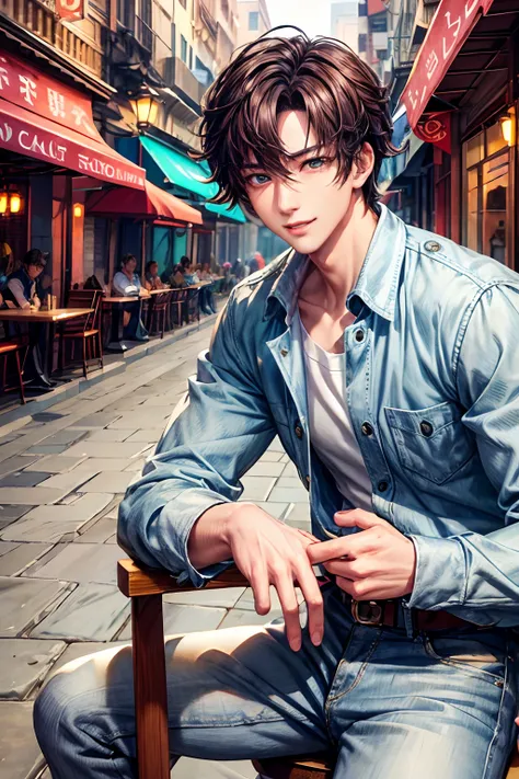 777、（hoang lap，hight resolution，Hyper-detailing，nffsw），tmasterpiece，best qualtiy，1boy ，Handsome，cabelos preto e longos，fine eyes and detailed face，white  shirt，denim、cafe terrace，Self-shot，lightsmile，（teal eyes）