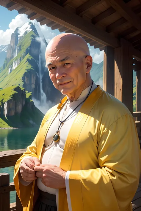 The 80-year-old chubby bald abbot wears a loose yellow monks robe，Twelve ring scars on the top of the head，White eyebrows dance in the wind，Bring your hands together to your chest，With a peaceful smile，Holding a string of Buddha beads in his hand，The pleat...