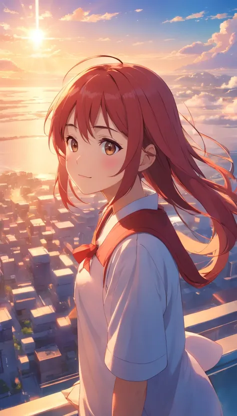 ​masterpiece、top-quality、Movie stills、1girl in、Cloud Girl、floating in sky、a closeup、发光、Happiness、Warm and soft lighting、the setting sun、(Spark:0.7)、Red hair、hi-school girl