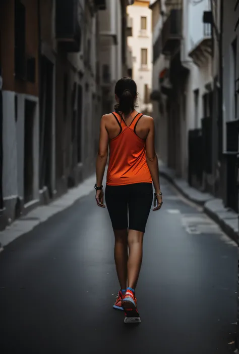 The Arad woman walks the street in an alley with buildings, Walk through an Italian town, standing on a city street, which stands on the street, walking at street, A woman walking, which stands on the street, which stands on the street, standing in a towns...