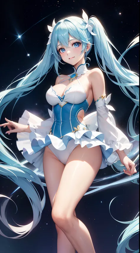 Super Idol　a beauty girl　A charming smile　sky blue hair　length hair　Twin-tailed　Light cream and white leotard outfit　Fantasia　constellation　a moon　Crystal Brilliance　Aurora Borealis in the Night Sky