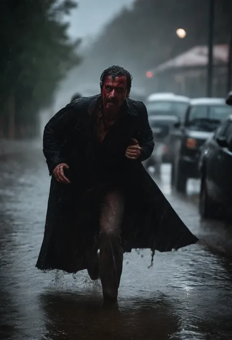 “A creepy creature lurks in the shadow while a scared woman tries to run in the rain. He is covered in blood and has a lunatic look in his eyes as he is about to strike”.