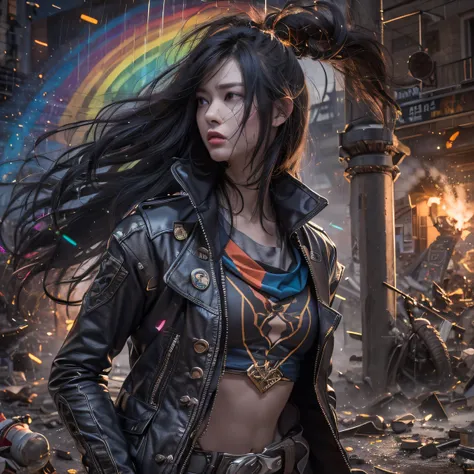 （Rainbow ruins）Climb the streets（Doomsday Rainbow）eyes filled with angry，He clenched his fists，Rush up，Deliver a fatal blow to your opponent，full bodyesbian，Full Body Male Mage 32K（Masterpiece rainbow，Rainbow Ultra HD）Long flowing black hair，Campsite size，...