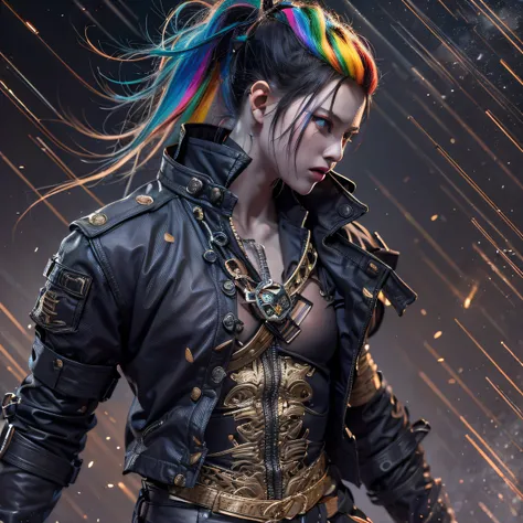 （Rainbow ruins）Climb the streets（Doomsday Rainbow）eyes filled with angry，He clenched his fists，Rush up，Deliver a fatal blow to your opponent，full bodyesbian，Full Body Male Mage 32K（Masterpiece rainbow，Rainbow Ultra HD）Long flowing black hair，Campsite size，...