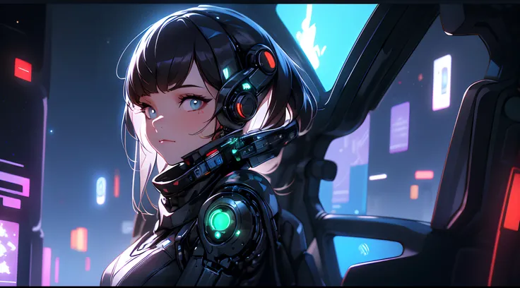 1 girl, upper body, single focus, cybernetic enhancements, sleek cyberpunk attire with a space theme, (cosmic backdrop: 1.4), (intergalactic hackers: 1.3), cybernetic features, futuristic aura, [depth of field, ambient lighting, cyberpunk style foreground,...