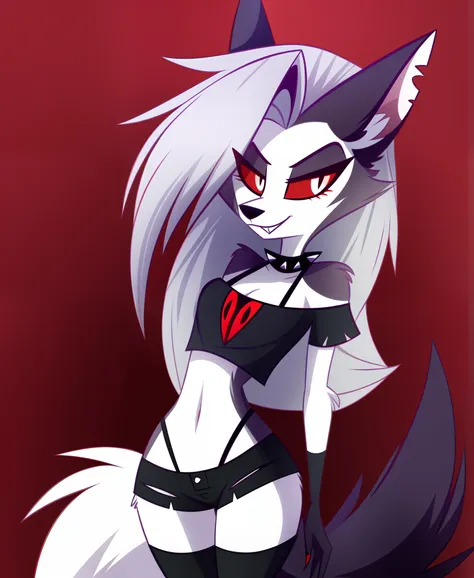 (vivziepop style), anthro, canid, canid demon, demon, female, hellhound, helluva boss, instagram, (loona), mammal, midriff, offi...