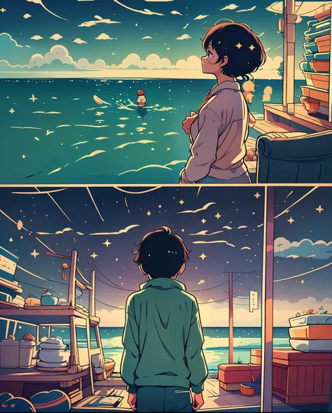 a captivating comic strip showcasing the life of an anime college student standing by the sea, each panel split in a cartoon-sty...