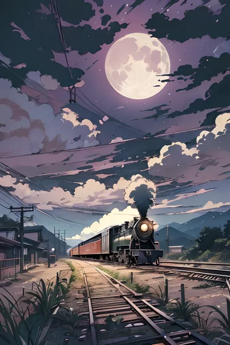 Locomotive with smoke in the center、headlight、Japan countryside、Cinematic scenery、Ghibli、Big Moon、Clouds,masutepiece,Best Quality,Sketch style、