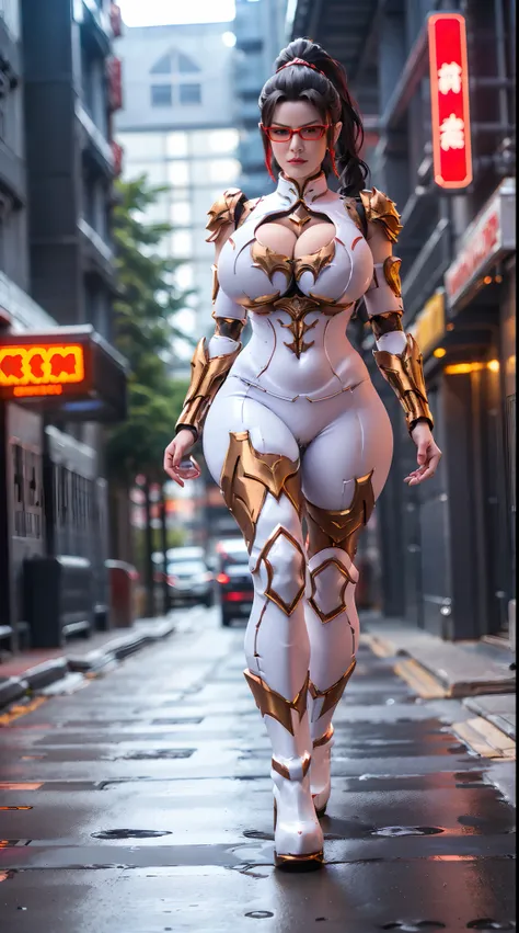 (UNREAL ENGINE 5), (DRAGON QUEEN), PONYTAIL, (GLASSES), (HUGE FAKE BOOBS:1.3), (BEAUTIFUL FACE), (RED, WHITE), (CYBERPUNK STREET CITY), (CYBER MECHA ARMOR), (CLEAVAGE), (SKINTIGHT MECHA YOGA PANTS), (MECHA HIGH HEELS), (PERFECT BODY:1.2), (LOOKING AT VIEWE...