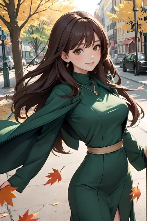 1lady standing, mature female, /(pencil dress/) /(deep green dress/) necklace, /(jacket on shoulder/), /(brown hair/) bangs, blush kind smile, (masterpiece best quality:1.2) delicate illustration ultra-detailed, large breast, arms down BREAK /(streets of C...