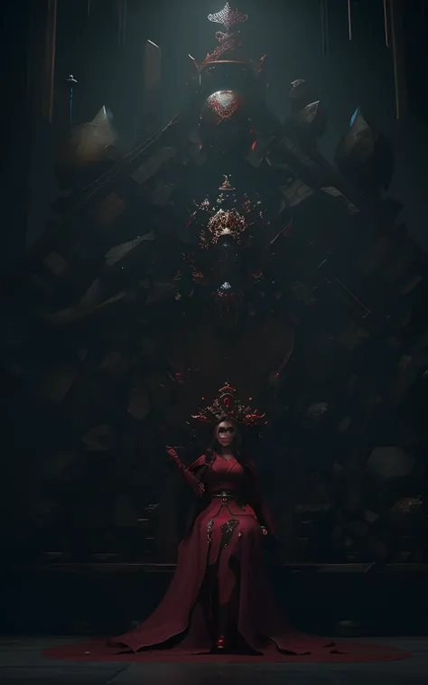 Mujer arafed en vestido rojo sentada en el trono con calaveras y calaveras, Renderizado del motor irreal + una diosa, Reina del infierno, Diablo 4 Queen, La Reina Roja, Diablo 4 Lilith, Abstract hidden epic composition, Estilo Fantasy 8 K Octano Render, Ar...