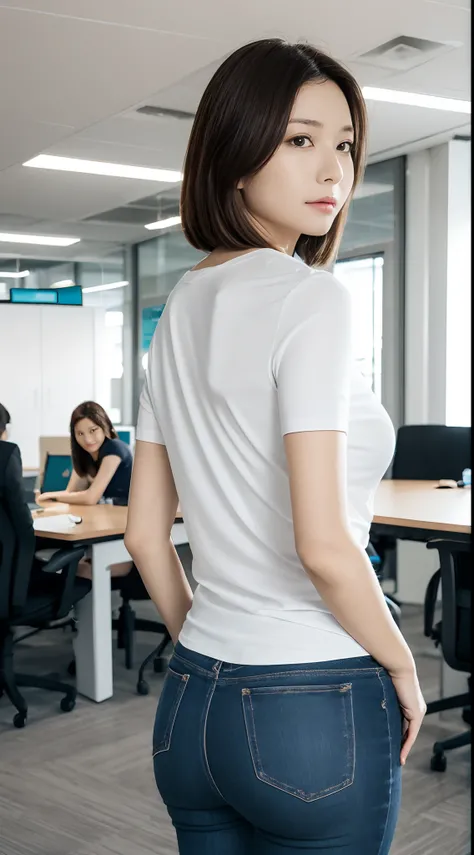 masutepiece, Best Quality, 超A high resolution,(photographrealistic:1.4) (depth of fields),(Lens Glow) ,  Bottom White T-Shirt Bottom Jacket:1.5、Inside the office:1.5、a Pretty Japanese woman:1.5、officeworker、Sexy buttocks:1.5、(skiny:1.5)、