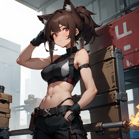 1 girl, masterpiece, 8k, artstation, ultra high quality, ultra high detail, ultra high resolution, glowing red eyes, brown hair, (mechanic), mechanics clothing, tool belt, engineer, cyberpunk, cat ears, cargo pants, sweaty, muscular, abs, white crop top, w...