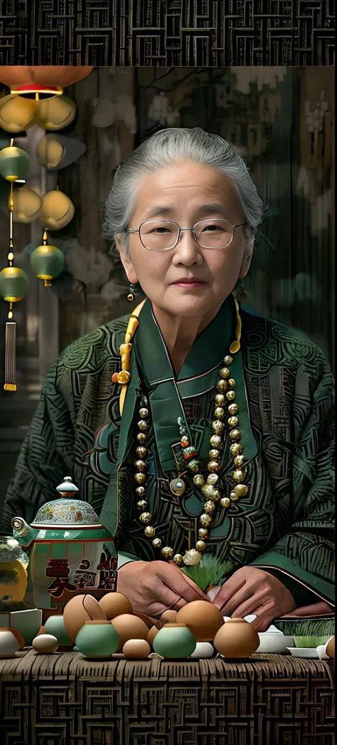 An old woman sat at a table，Holding eggs and teapot, Inspired by Liu Jue, Taoist, lei min, inspired by Yao Tingmei, Grandma, song nan li, author：Cheng Zhengkui, author：Li Zai, inspired by Wu Daozi, inspired by Hu Zao, he is about 8 0 years old, Old woman