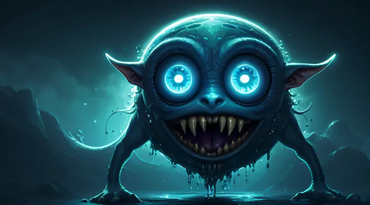 Wallpaper. Digital art. Liquid, incredibly cute fantasy anthropomorphic troll with glowing big happy eyes, ultra detailed, abstract, surreal, best quality, masterpiece, glow, splash, 64k