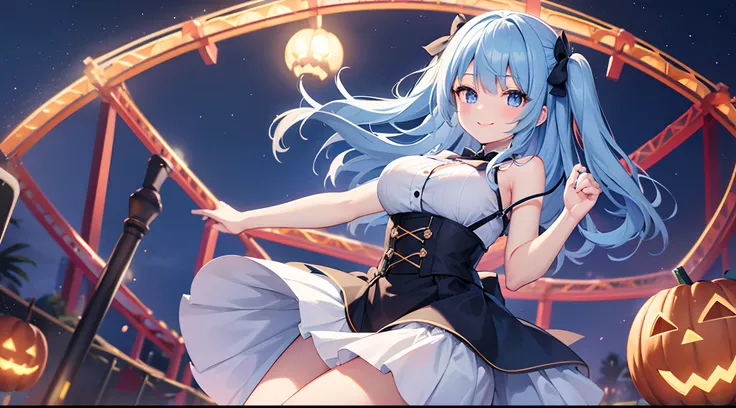 1 girl, game CG, white shirt, shoulders visible, short skirt, string hair ribbon, gigantic breasts, light blue hair, middle hair, two side up, blue eyes, night, amusement park, Halloween background, smile,