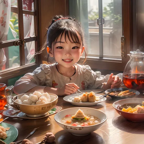 Chinese restaurant, A 5-year-old girl sits at a dining table, ssmile, Flower tea on the table ,Chinese dim sum, Pork intestine powder, Shrimp dumplings, Sunlight outside the window.