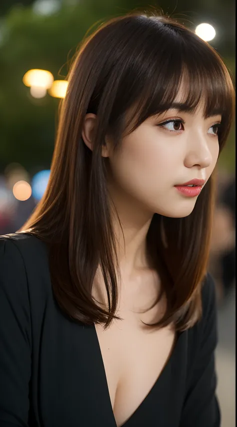 ((Night, Best Quality, 8K, Realistic)), Half Body: 1.4, Slender Abs: 1.2, (Long bangs dark brown hairstyle, Medium Breasts: 1.2)), (Tight black shirts, Tight black pants, Sitting: 1.2), (Outdoor, Outdoor dinner, Realistic background, Night lights, Soft lig...